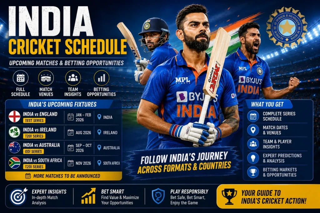 India Cricket Schedule featuring upcoming matches and betting opportunities