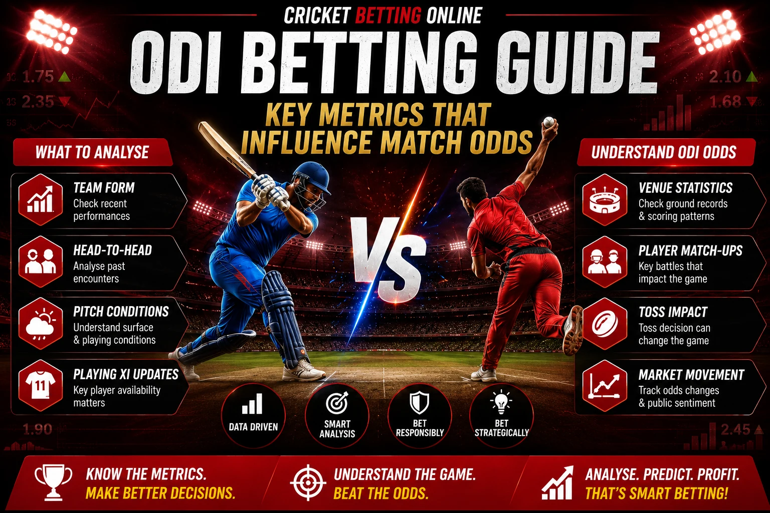 Cricket Betting Online ODI Betting Guide explaining the metrics that influence ODI match odds