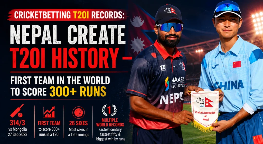 CricketBetting T20I Records showcasing Nepal's record-breaking 314/3 against Mongolia in T20I cricket