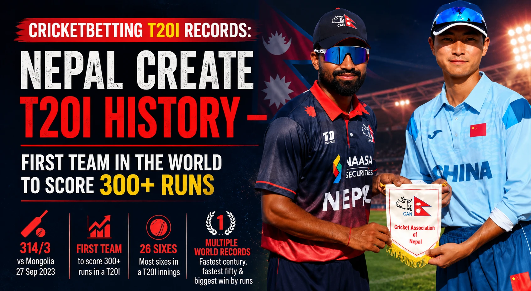 CricketBetting T20I Records showcasing Nepal's record-breaking 314/3 against Mongolia in T20I cricket