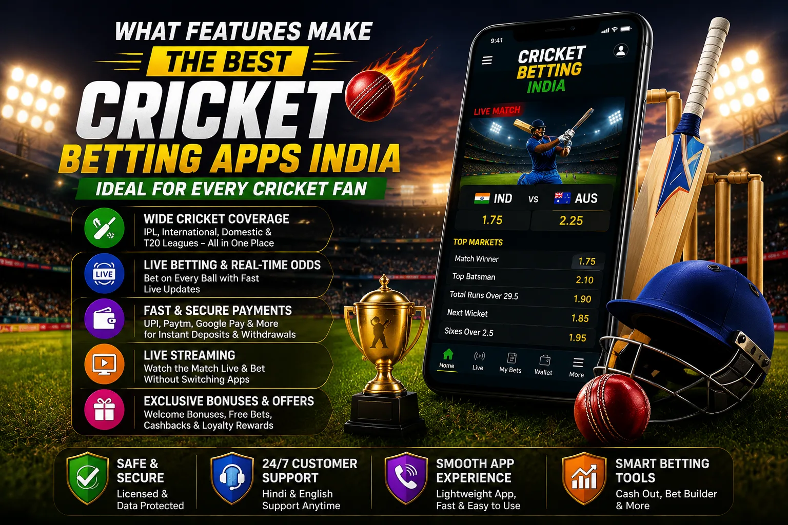 Best Cricket Betting Apps India featuring live cricket betting, IPL markets, UPI payments, live streaming, and mobile betting features.