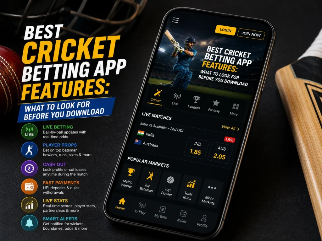 Best Cricket Betting App Features including live betting, player markets, cash-out options, fast withdrawals, and UPI payments.