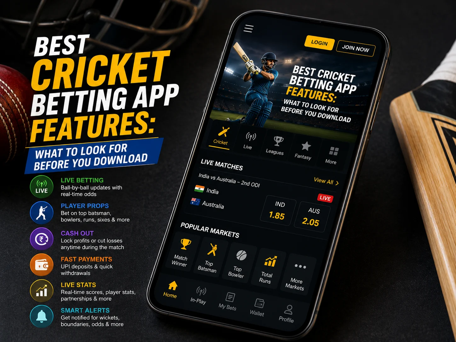 Best Cricket Betting App Features including live betting, player markets, cash-out options, fast withdrawals, and UPI payments.